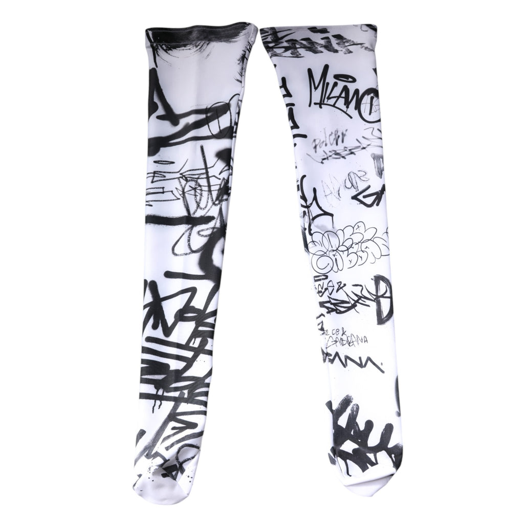 Dolce & Gabbana White Graffiti Cotton Over Calf Stockings Socks - Beyzy Store - Dolce & Gabbana