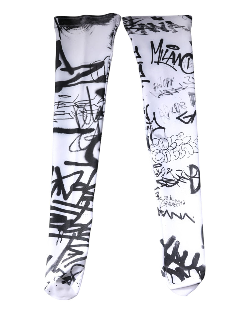 Dolce & Gabbana White Graffiti Cotton Over Calf Stockings Socks - Beyzy Store - Dolce & Gabbana