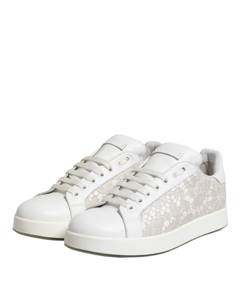 Dolce & Gabbana White Lace Leather Low Top Sneaker Shoes - Beyzy Store - Dolce & Gabbana
