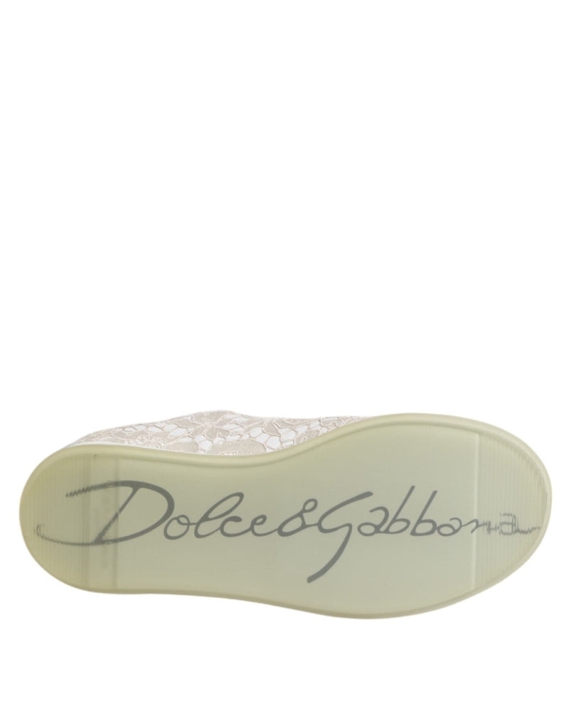 Dolce & Gabbana White Lace Leather Low Top Sneaker Shoes - Beyzy Store - Dolce & Gabbana