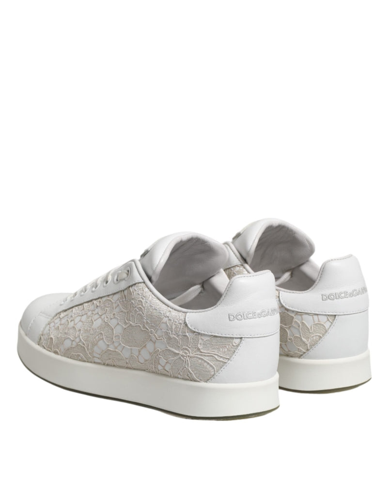 Dolce & Gabbana White Lace Leather Low Top Sneaker Shoes - Beyzy Store - Dolce & Gabbana