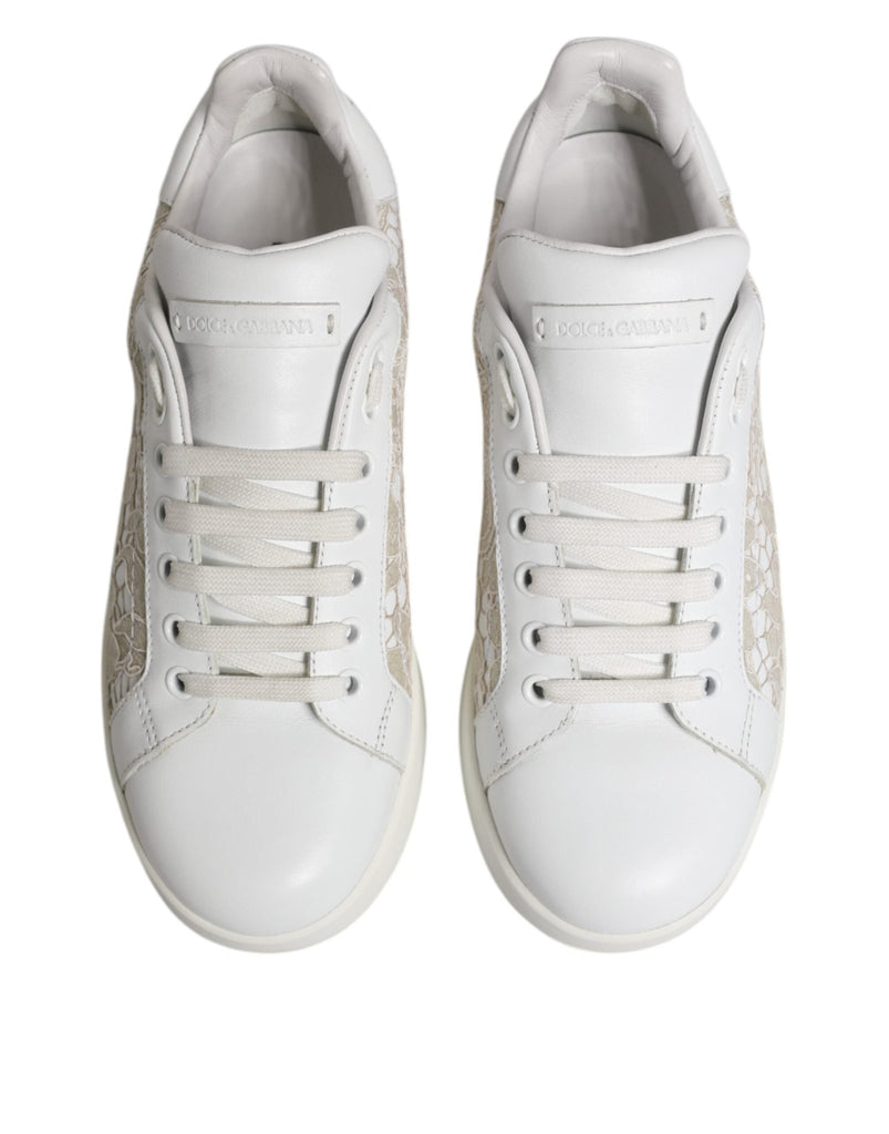 Dolce & Gabbana White Lace Leather Low Top Sneaker Shoes - Beyzy Store - Dolce & Gabbana