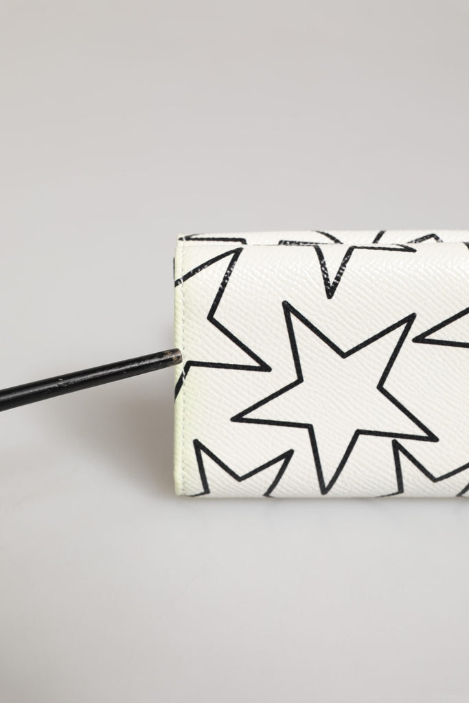 Dolce & Gabbana White Leather Black Star Print Trifold Card Holder Wallet - Beyzy Store - Dolce & Gabbana