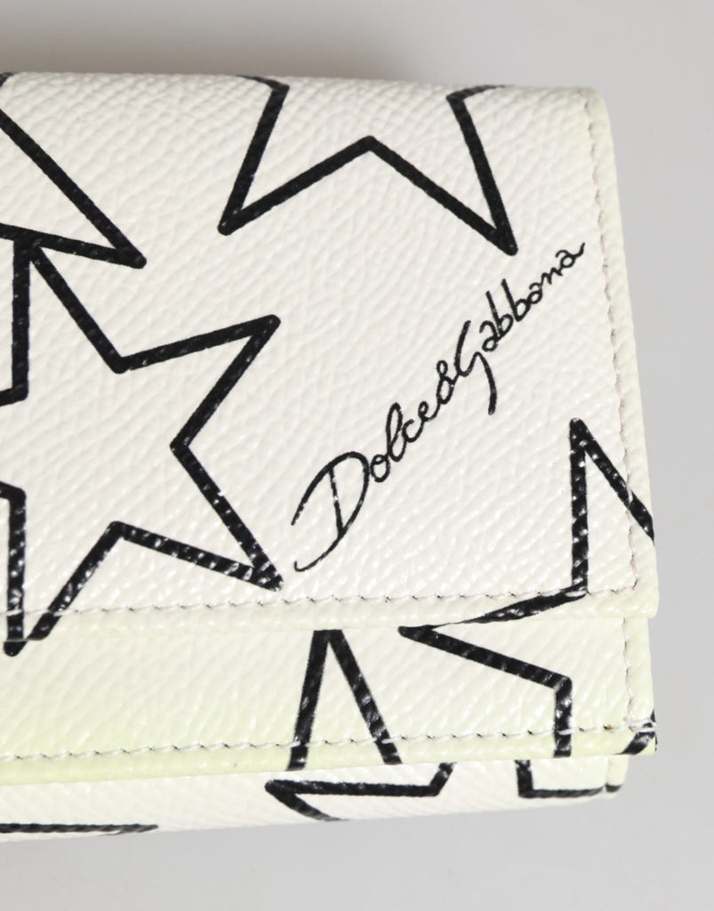 Dolce & Gabbana White Leather Black Star Print Trifold Card Holder Wallet - Beyzy Store - Dolce & Gabbana