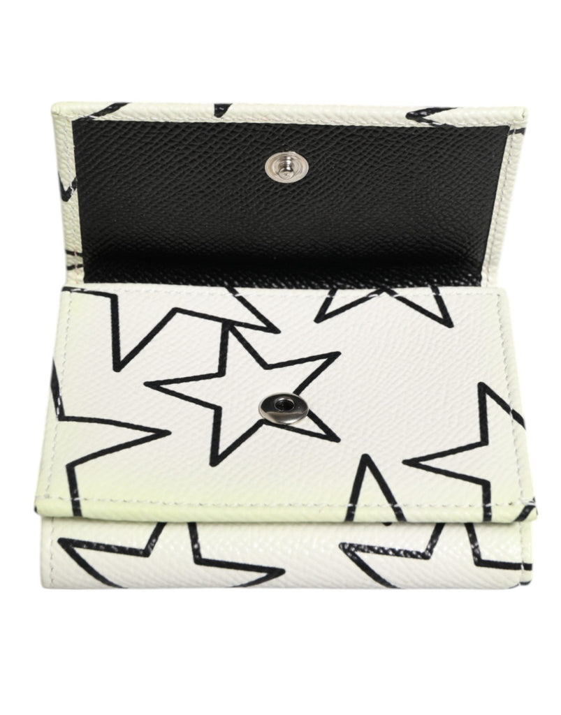 Dolce & Gabbana White Leather Black Star Print Trifold Card Holder Wallet - Beyzy Store - Dolce & Gabbana
