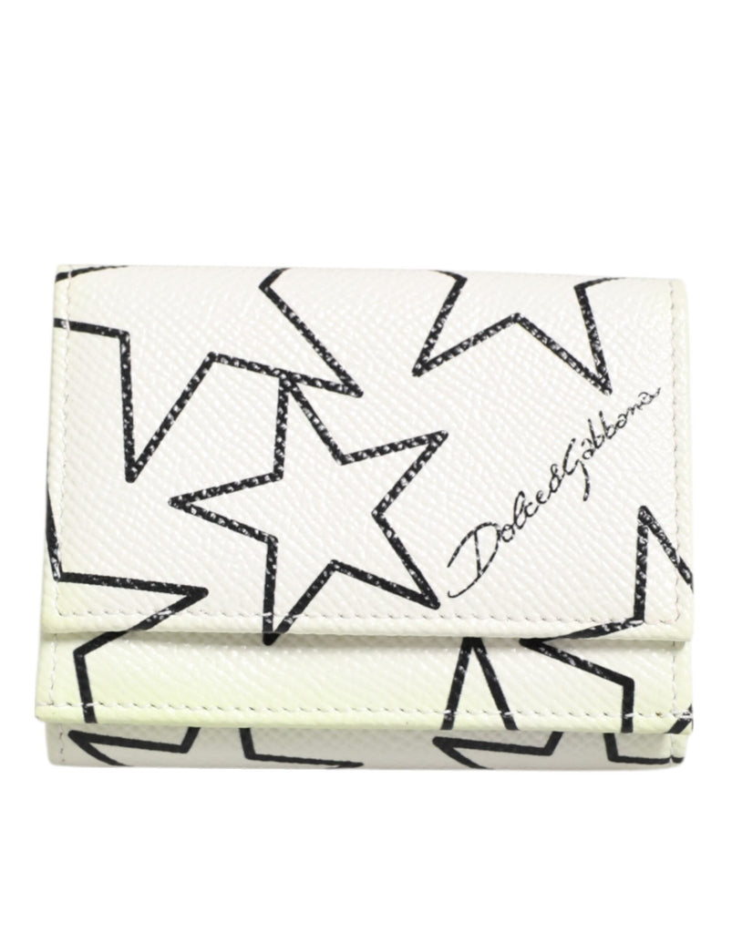 Dolce & Gabbana White Leather Black Star Print Trifold Card Holder Wallet - Beyzy Store - Dolce & Gabbana