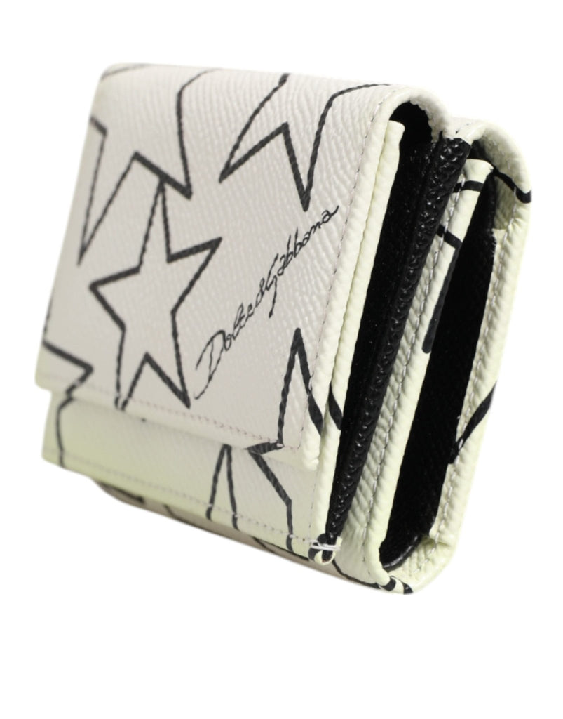 Dolce & Gabbana White Leather Black Star Print Trifold Card Holder Wallet - Beyzy Store - Dolce & Gabbana