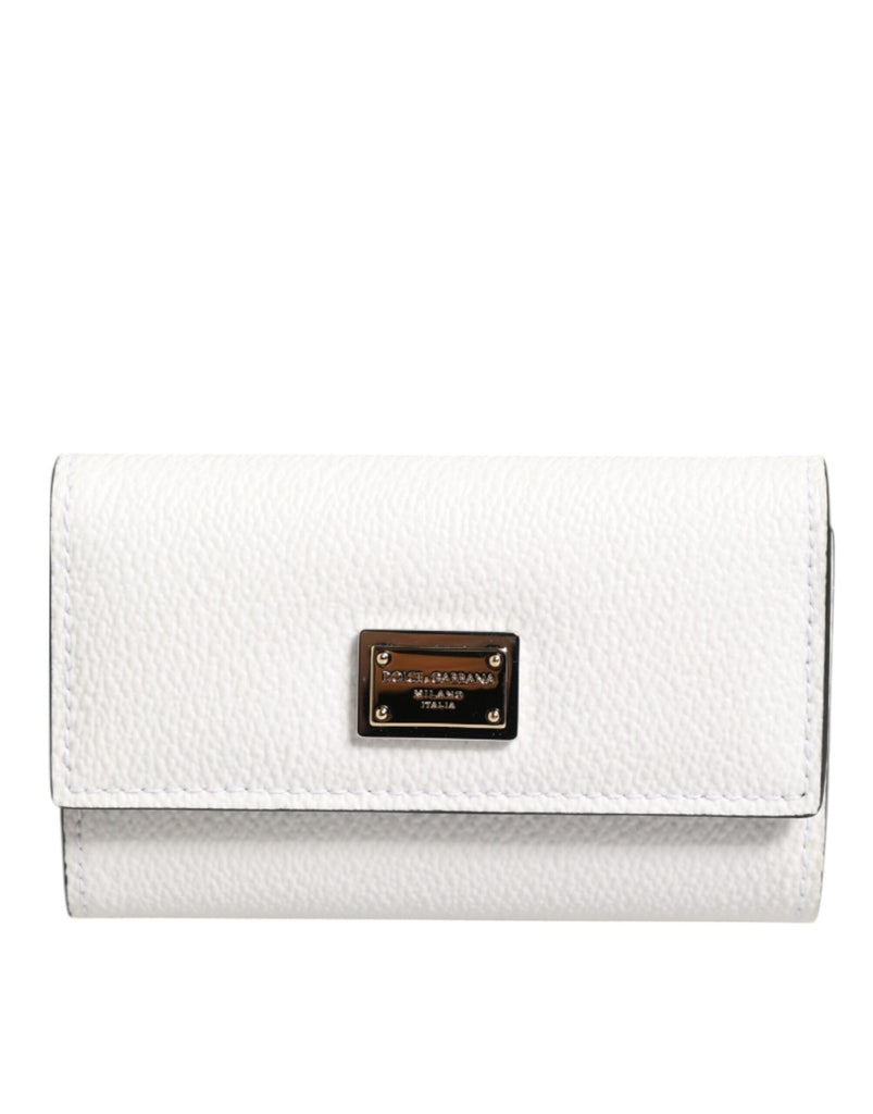 Dolce & Gabbana White Leather Card Case Holder Wallet Gold Logo Plate Key Holder - Beyzy Store - Dolce & Gabbana