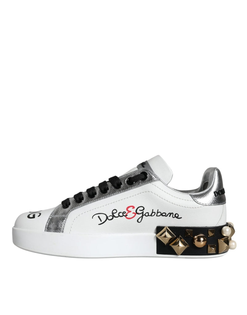 Dolce & Gabbana White Leather Floral Studded Sneakers Shoes - Beyzy Store - Dolce & Gabbana