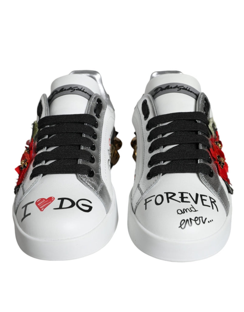 Dolce & Gabbana White Leather Floral Studded Sneakers Shoes - Beyzy Store - Dolce & Gabbana