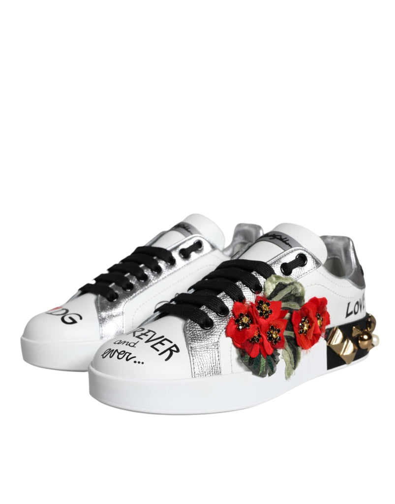 Dolce & Gabbana White Leather Floral Studded Sneakers Shoes - Beyzy Store - Dolce & Gabbana