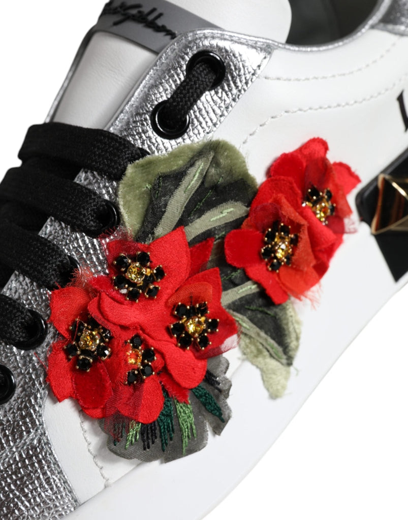 Dolce & Gabbana White Leather Floral Studded Sneakers Shoes - Beyzy Store - Dolce & Gabbana