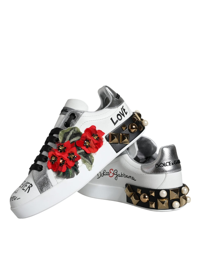 Dolce & Gabbana White Leather Floral Studded Sneakers Shoes - Beyzy Store - Dolce & Gabbana
