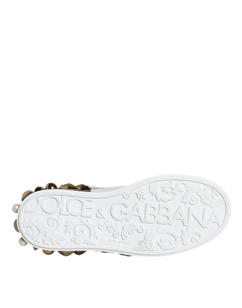 Dolce & Gabbana White Leather Floral Studded Sneakers Shoes - Beyzy Store - Dolce & Gabbana
