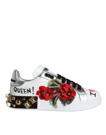 Dolce & Gabbana White Leather Floral Studded Sneakers Shoes - Beyzy Store - Dolce & Gabbana