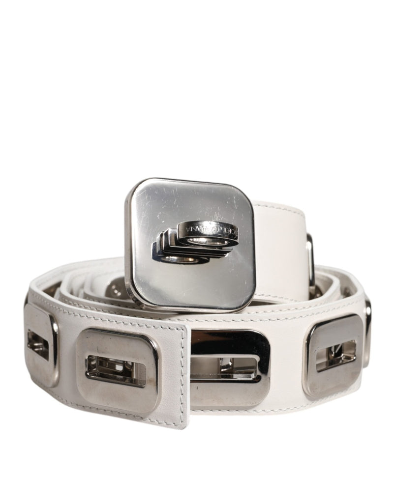 Dolce & Gabbana White Leather Gold Tone Rotating Buckle Belt - Beyzy Store - Dolce & Gabbana