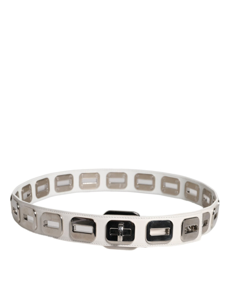 Dolce & Gabbana White Leather Gold Tone Rotating Buckle Belt - Beyzy Store - Dolce & Gabbana