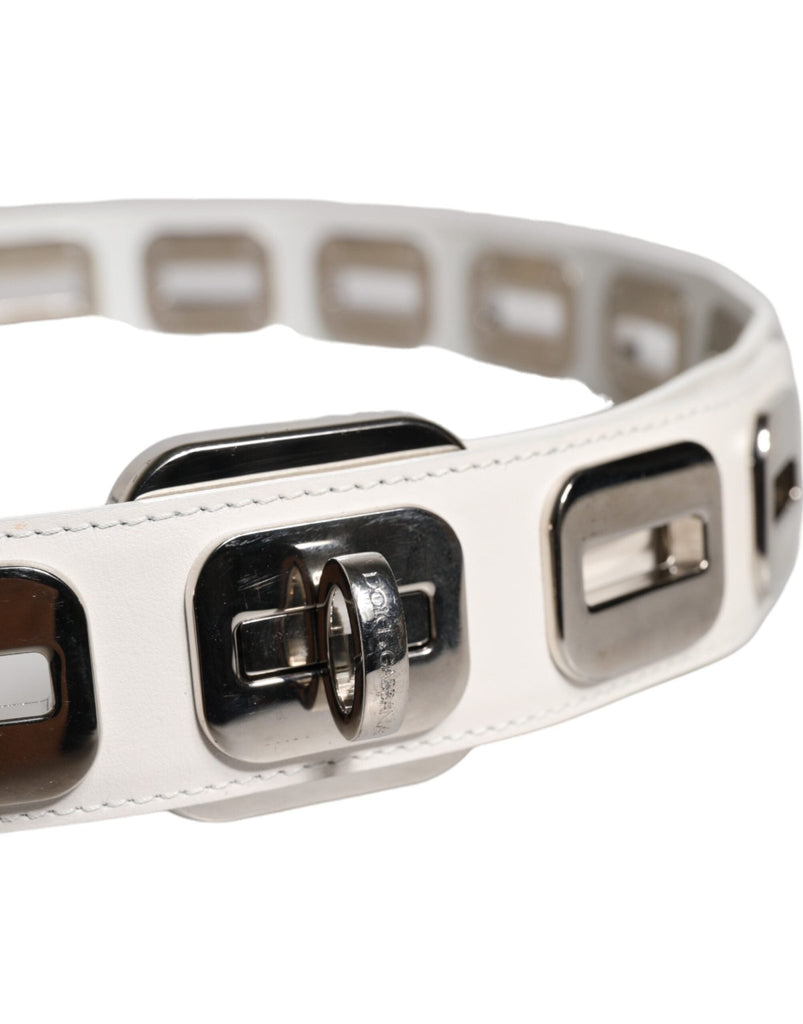 Dolce & Gabbana White Leather Gold Tone Rotating Buckle Belt - Beyzy Store - Dolce & Gabbana