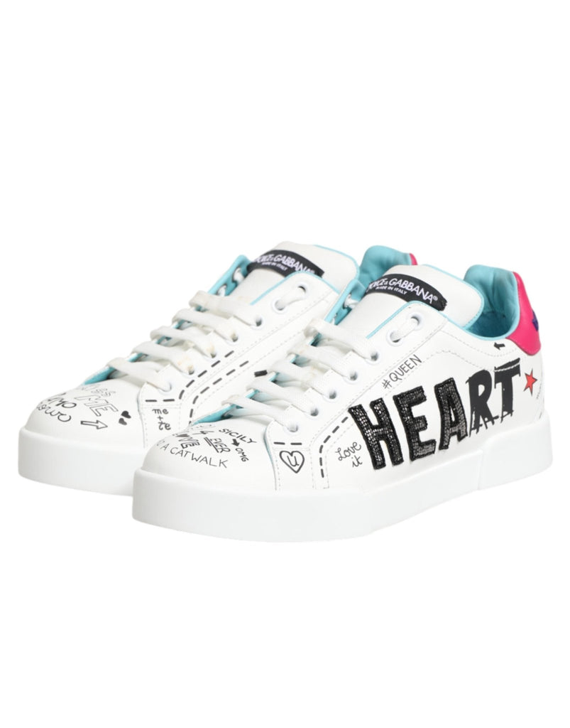 Dolce & Gabbana White Leather Graffiti Low Top Sneakers Shoes - Beyzy Store - Dolce & Gabbana