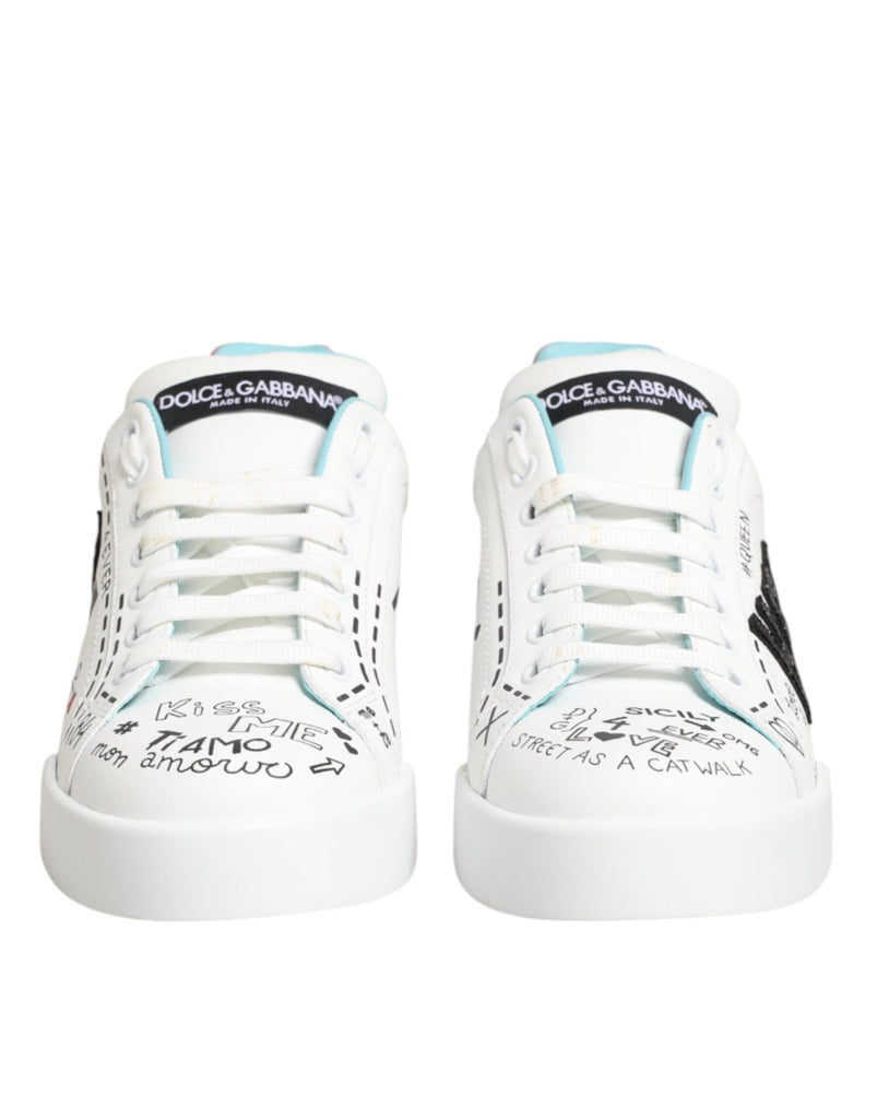 Dolce & Gabbana White Leather Graffiti Low Top Sneakers Shoes - Beyzy Store - Dolce & Gabbana
