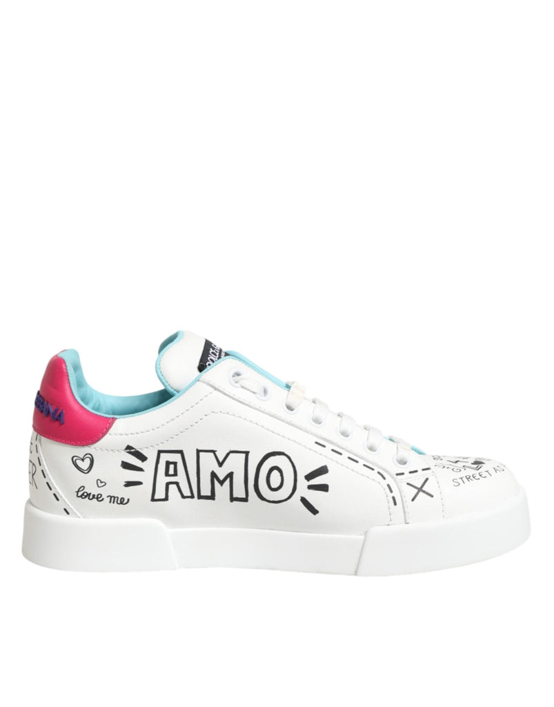 Dolce & Gabbana White Leather Graffiti Low Top Sneakers Shoes - Beyzy Store - Dolce & Gabbana