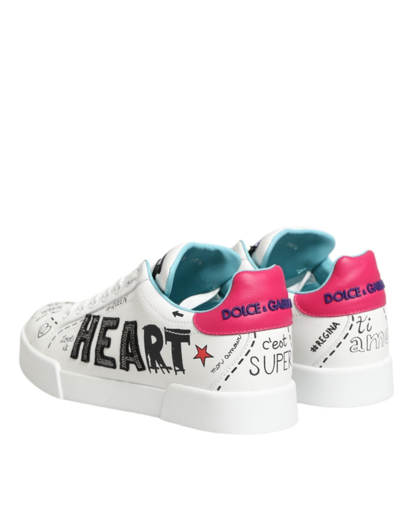 Dolce & Gabbana White Leather Graffiti Low Top Sneakers Shoes - Beyzy Store - Dolce & Gabbana