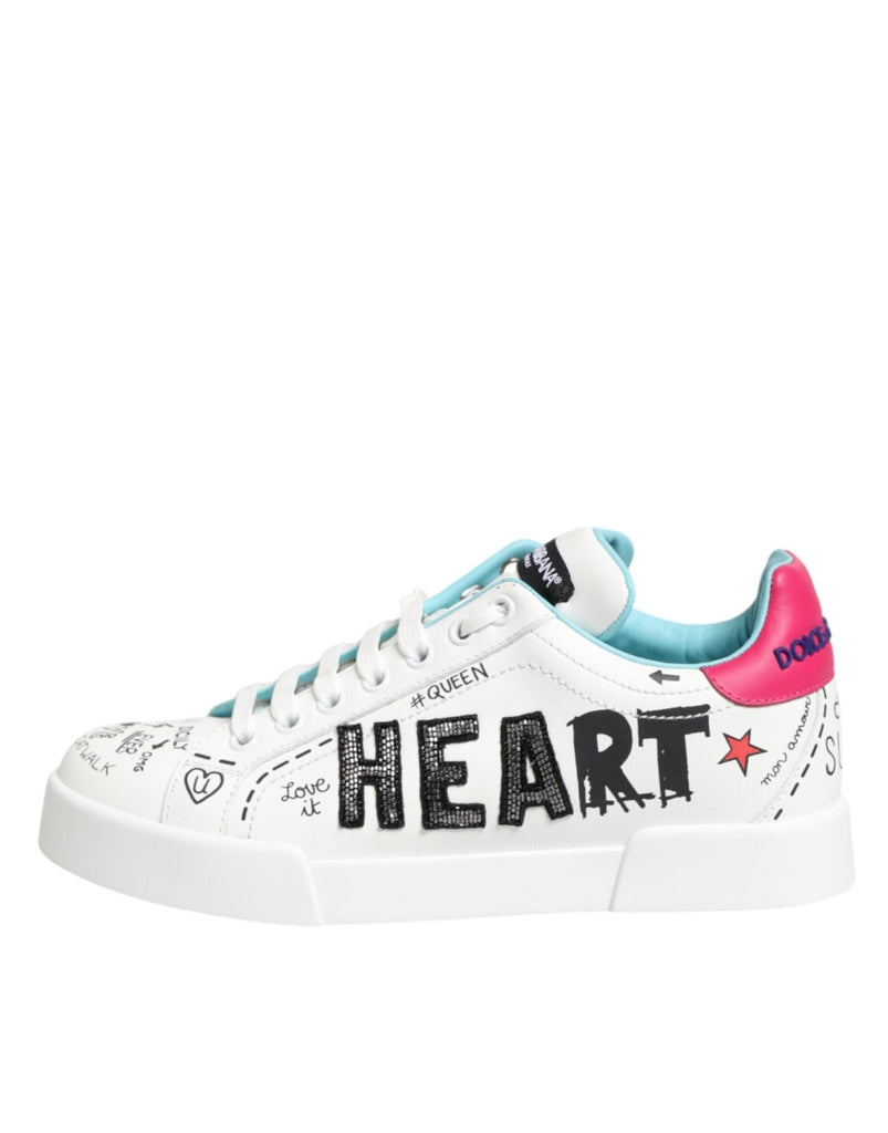 Dolce & Gabbana White Leather Graffiti Low Top Sneakers Shoes - Beyzy Store - Dolce & Gabbana