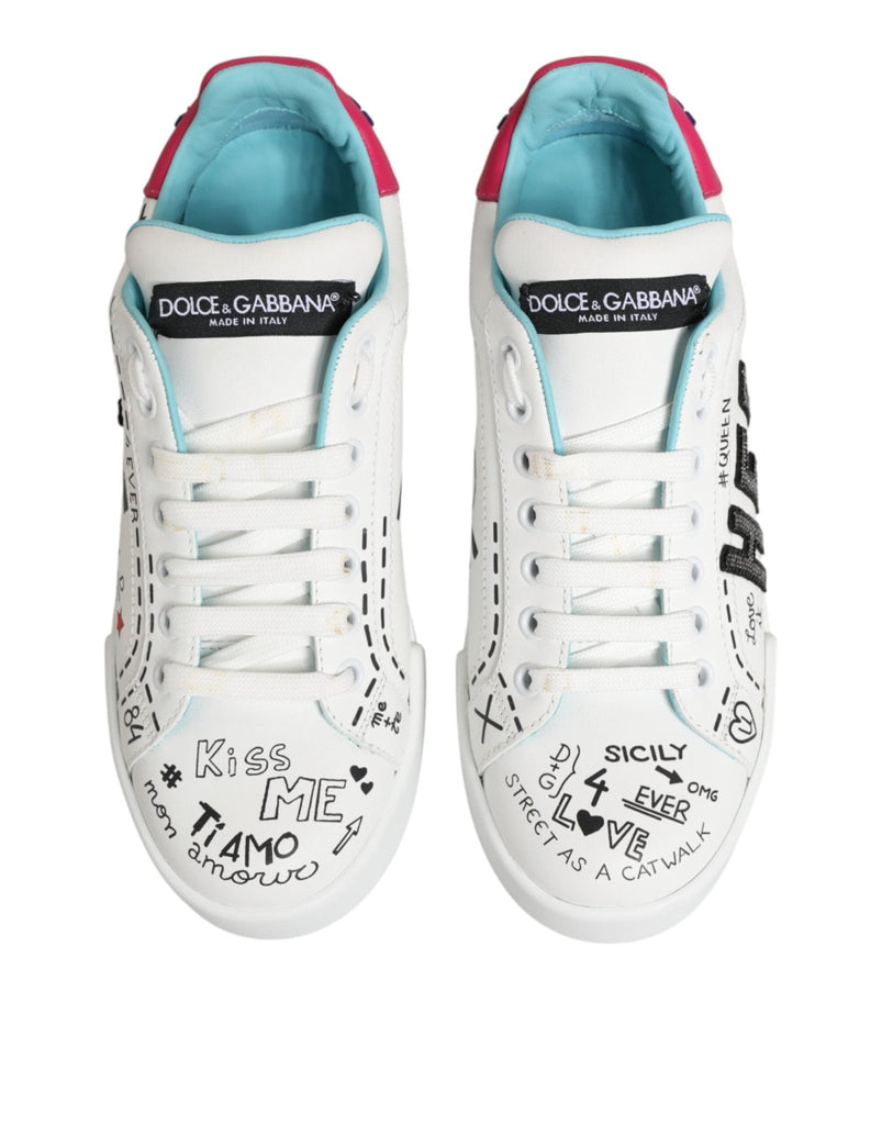Dolce & Gabbana White Leather Graffiti Low Top Sneakers Shoes - Beyzy Store - Dolce & Gabbana