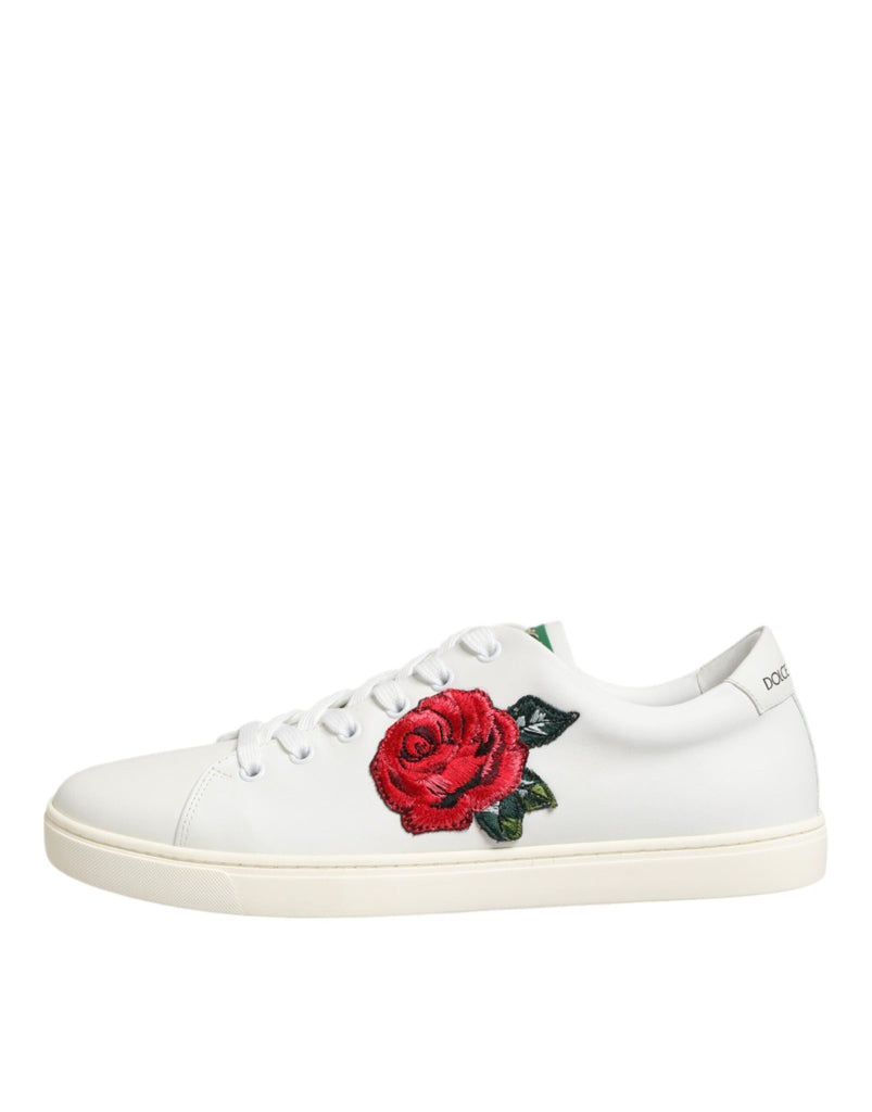 Dolce & Gabbana White Leather Rose Embroidery Low - Top Shoes - Beyzy Store - Dolce & Gabbana