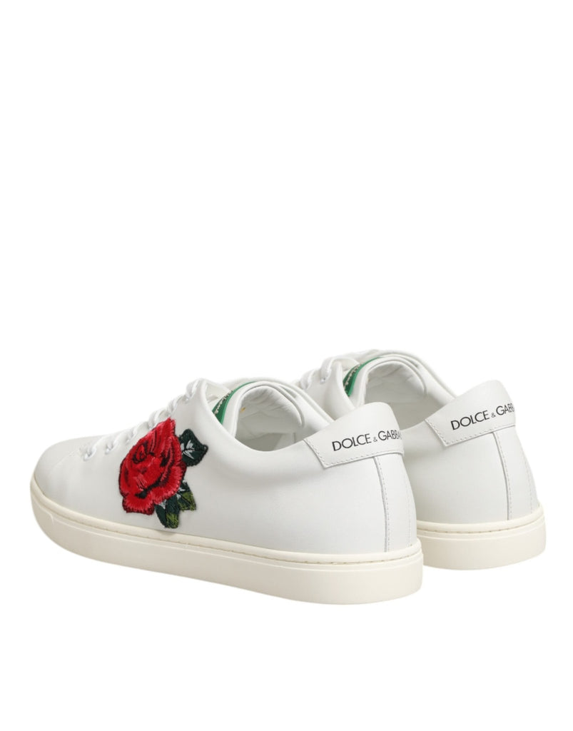 Dolce & Gabbana White Leather Rose Embroidery Low - Top Shoes - Beyzy Store - Dolce & Gabbana