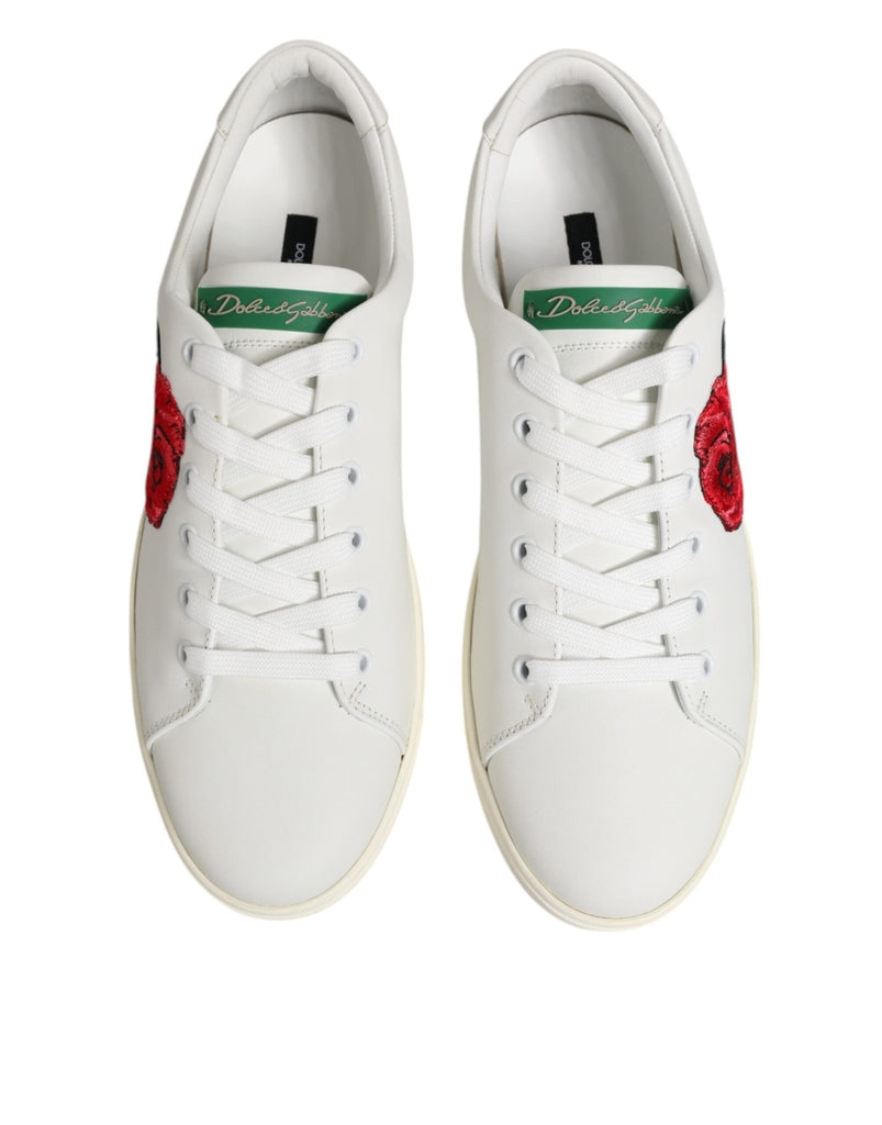 Dolce & Gabbana White Leather Rose Embroidery Low - Top Shoes - Beyzy Store - Dolce & Gabbana