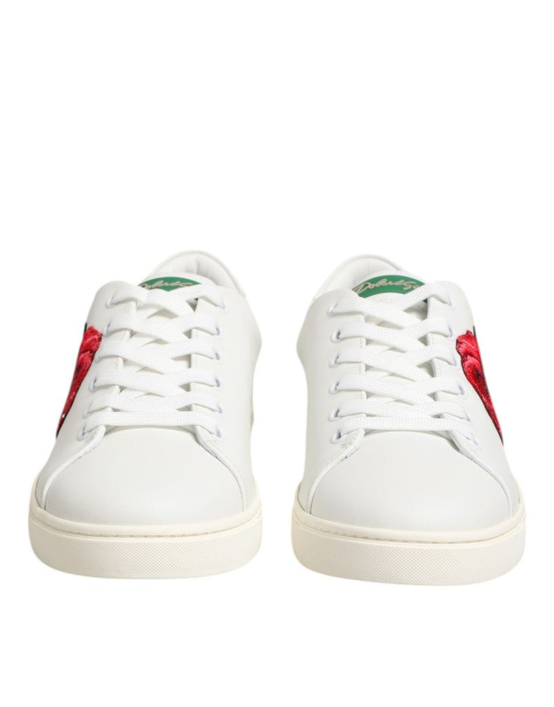 Dolce & Gabbana White Leather Rose Embroidery Low - Top Shoes - Beyzy Store - Dolce & Gabbana