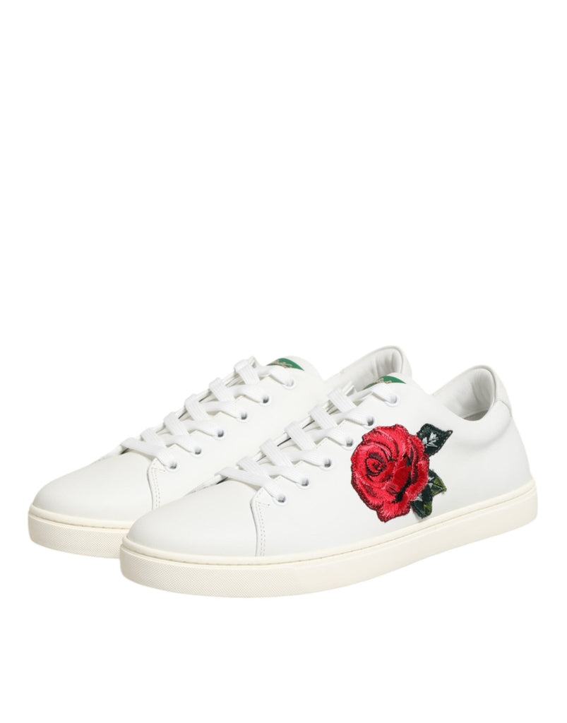 Dolce & Gabbana White Leather Rose Embroidery Low - Top Shoes - Beyzy Store - Dolce & Gabbana
