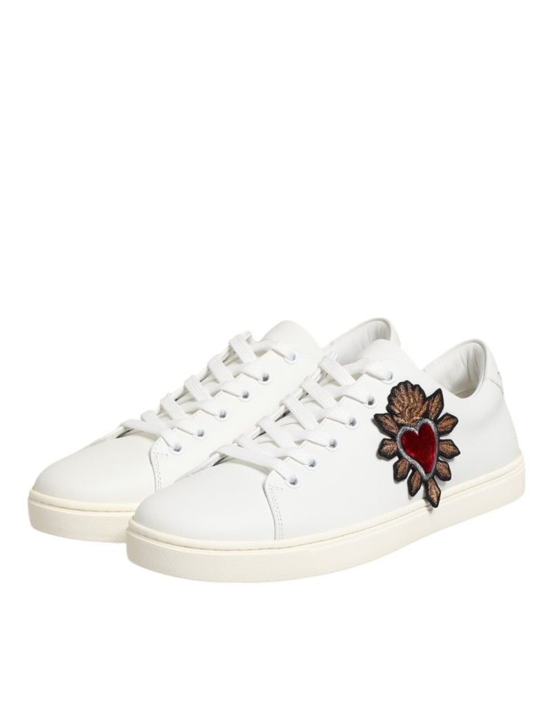 Dolce & Gabbana White Leather Sacre Heart Patch Sneakers Shoes - Beyzy Store - Dolce & Gabbana