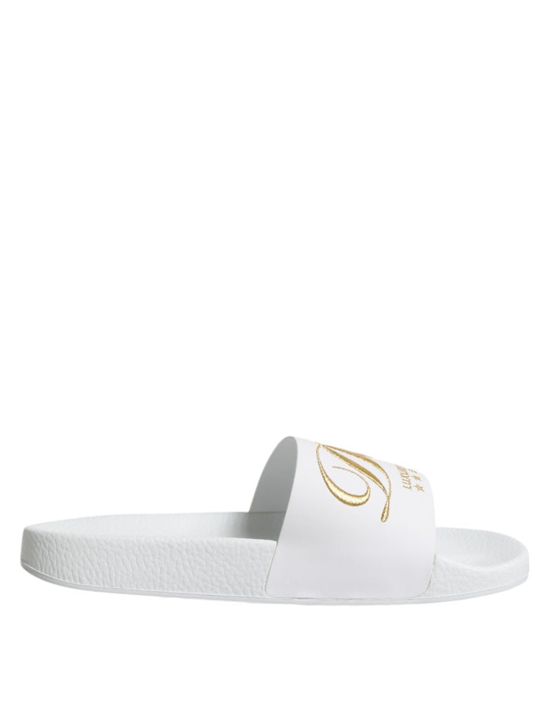 Dolce & Gabbana White Leather Slides Sandals Beachwear Shoes - Beyzy Store - Dolce & Gabbana