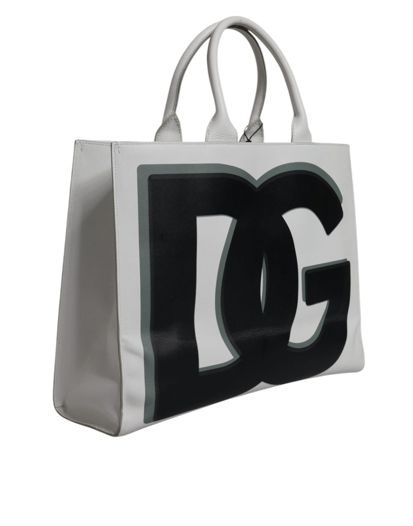 Dolce & Gabbana White Logo Print DG Daily Calfskin Shopping Tote Bag - Beyzy Store - Dolce & Gabbana