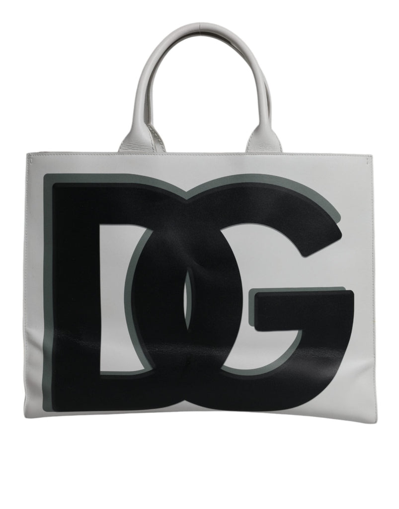 Dolce & Gabbana White Logo Print DG Daily Calfskin Shopping Tote Bag - Beyzy Store - Dolce & Gabbana