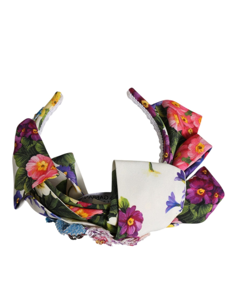 Dolce & Gabbana White Multicolor Floral Silk Bow Crystal Embellished Headband - Beyzy Store - Dolce & Gabbana