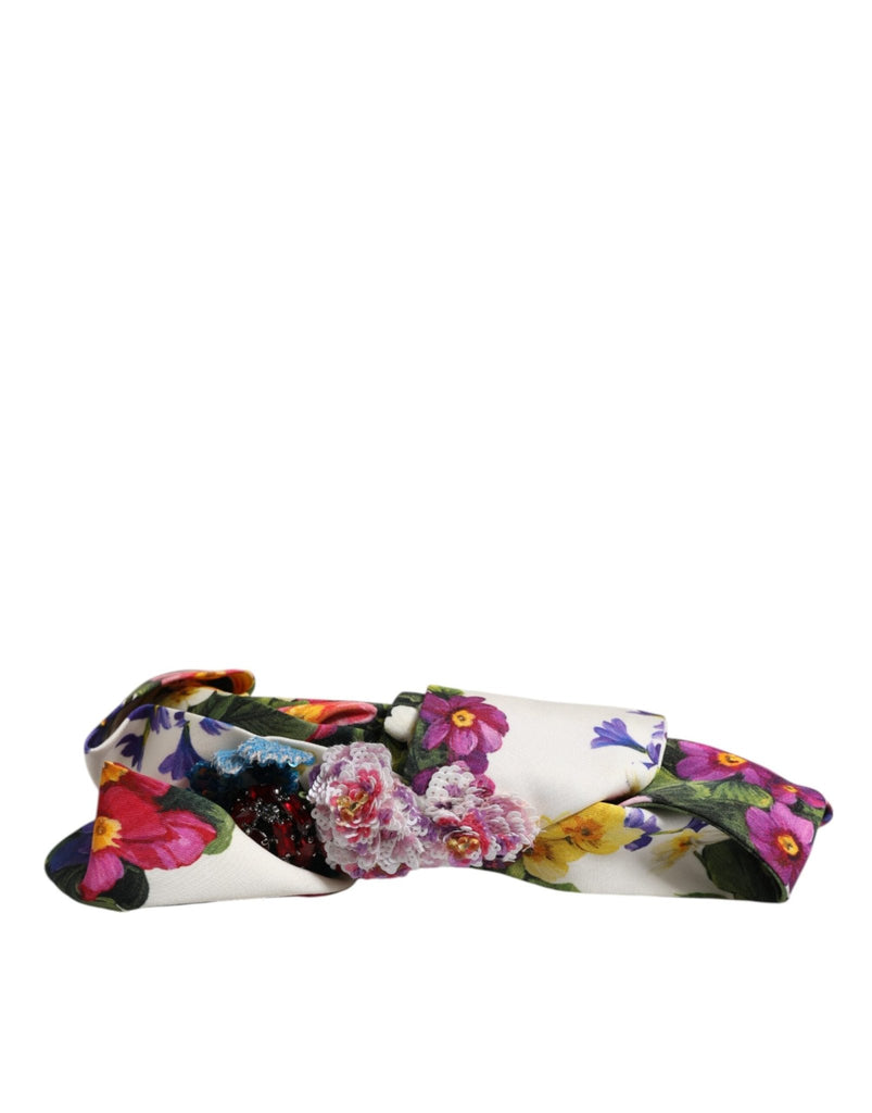 Dolce & Gabbana White Multicolor Floral Silk Bow Crystal Embellished Headband - Beyzy Store - Dolce & Gabbana