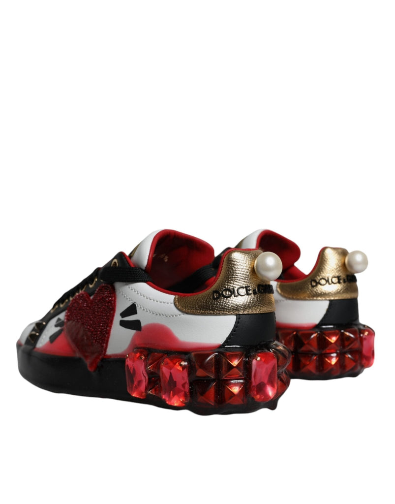 Dolce & Gabbana White Red Crystals Leather Portofino Sneakers Shoes - Beyzy Store - Dolce & Gabbana