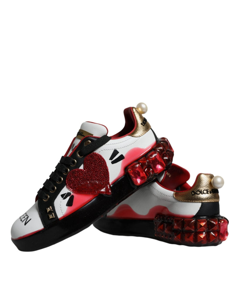 Dolce & Gabbana White Red Crystals Leather Portofino Sneakers Shoes - Beyzy Store - Dolce & Gabbana