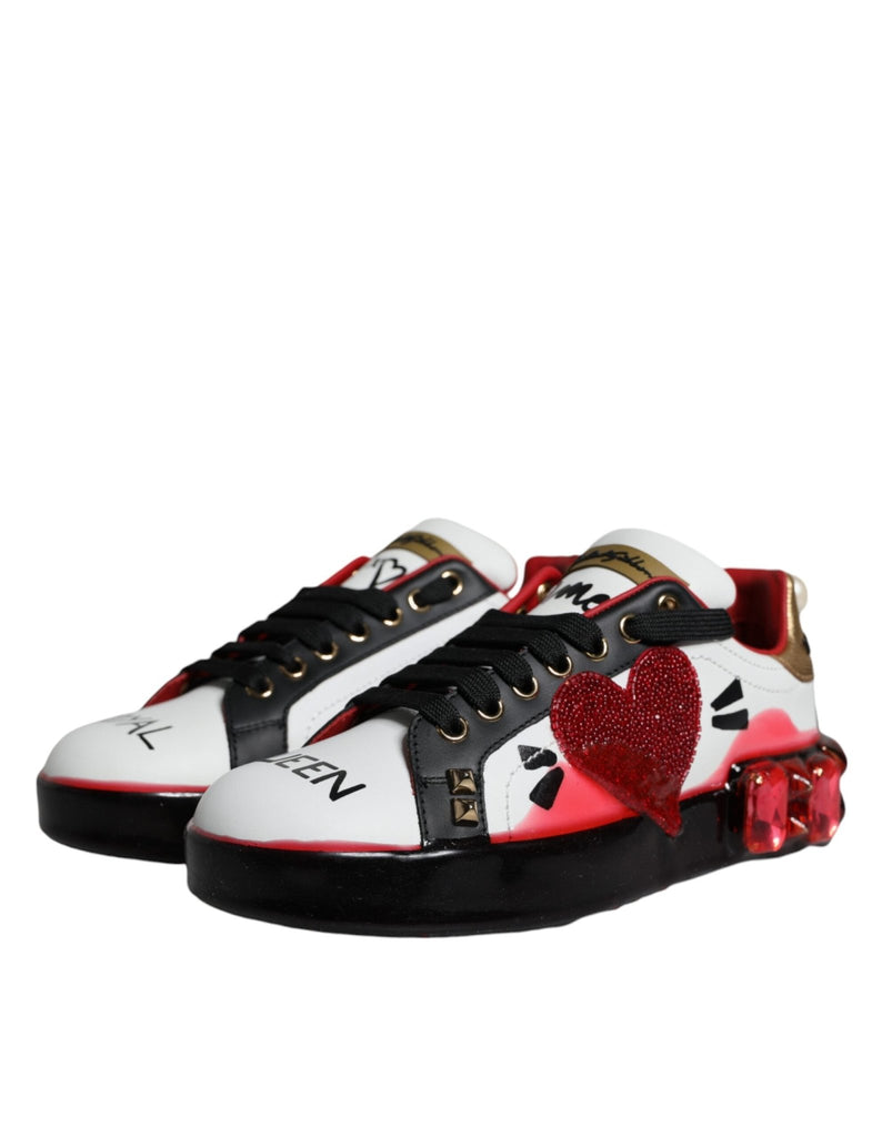 Dolce & Gabbana White Red Crystals Leather Portofino Sneakers Shoes - Beyzy Store - Dolce & Gabbana
