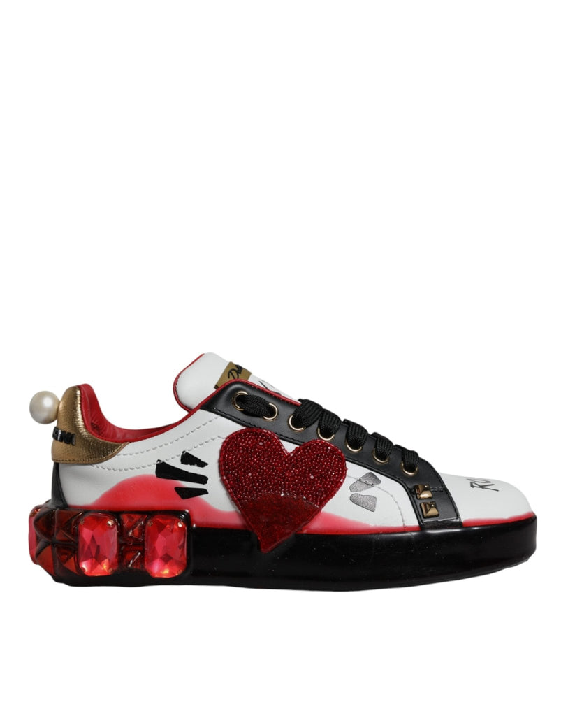 Dolce & Gabbana White Red Crystals Leather Portofino Sneakers Shoes - Beyzy Store - Dolce & Gabbana