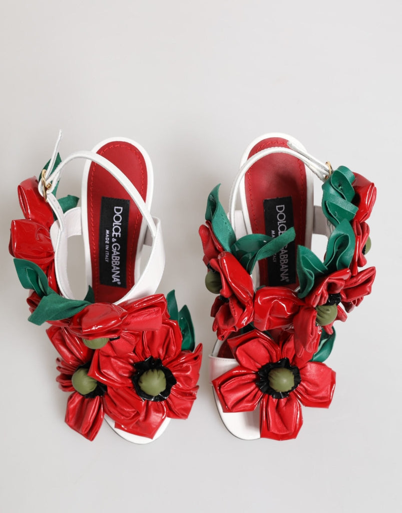 Dolce & Gabbana White Red Floral Detailing Sandals Shoes - Beyzy Store - Dolce & Gabbana
