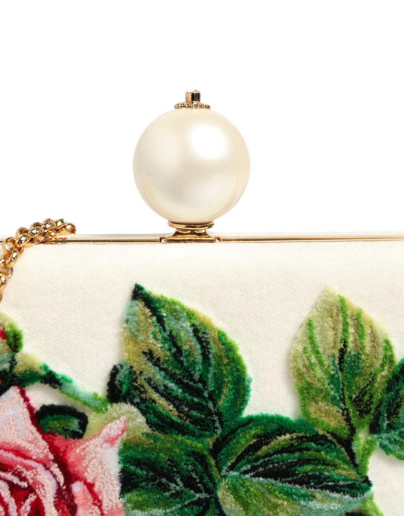 Dolce & Gabbana White Rose Embroidery Silk Gold Frame Clutch Purse Bag - Beyzy Store - Dolce & Gabbana