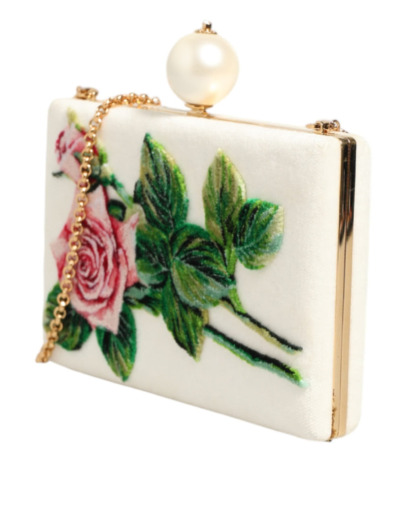 Dolce & Gabbana White Rose Embroidery Silk Gold Frame Clutch Purse Bag - Beyzy Store - Dolce & Gabbana