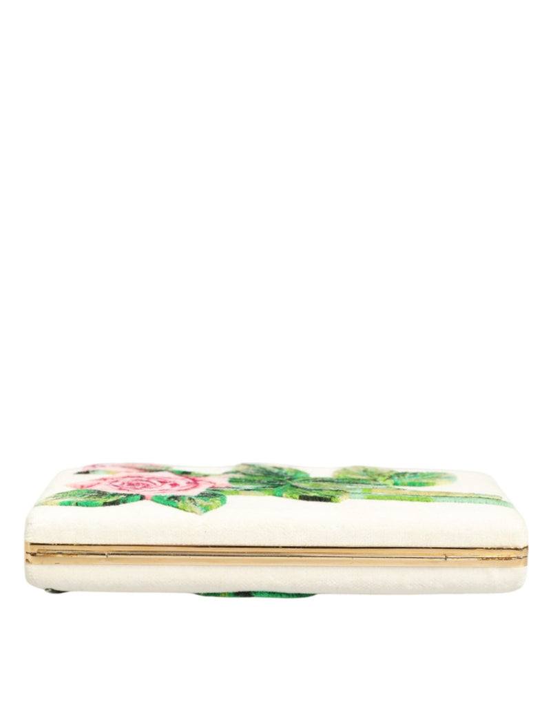 Dolce & Gabbana White Rose Embroidery Silk Gold Frame Clutch Purse Bag - Beyzy Store - Dolce & Gabbana