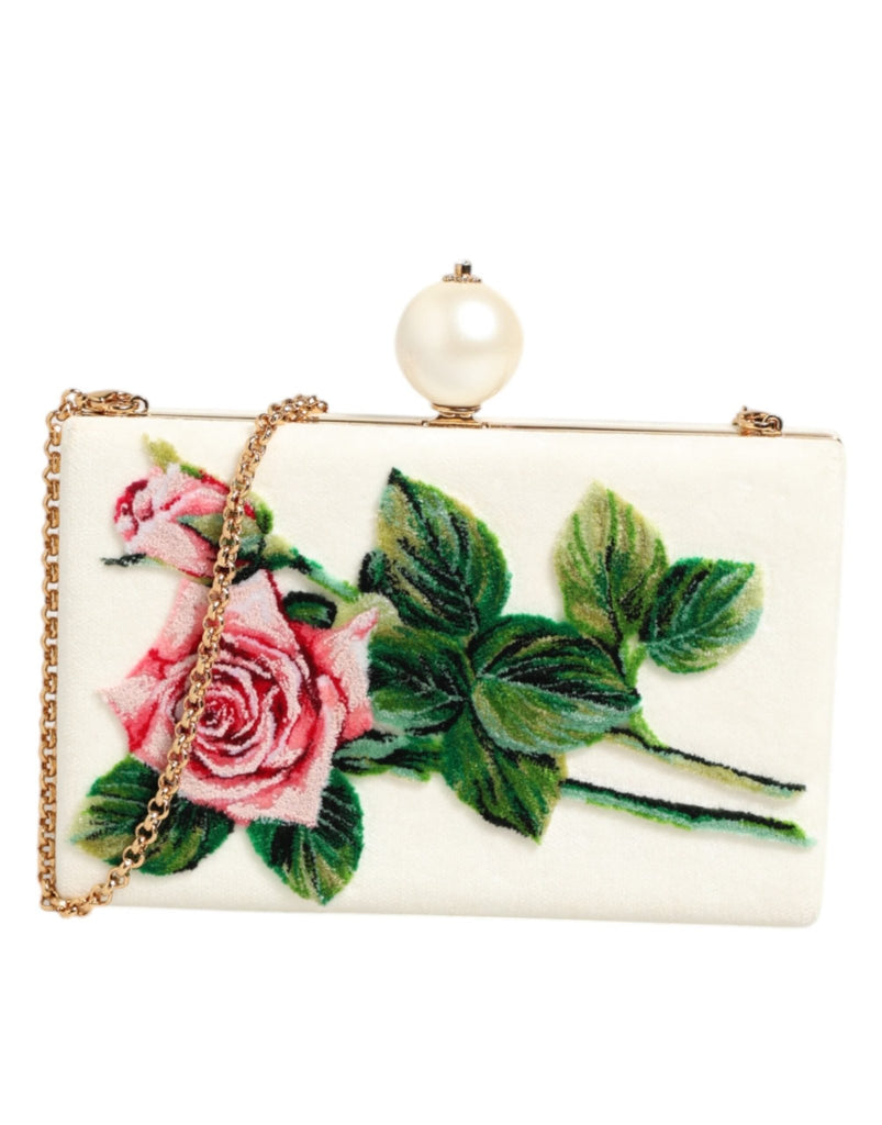 Dolce & Gabbana White Rose Embroidery Silk Gold Frame Clutch Purse Bag - Beyzy Store - Dolce & Gabbana