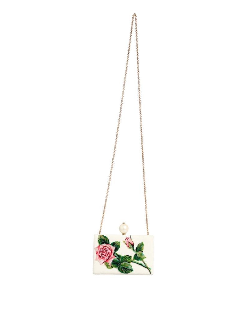 Dolce & Gabbana White Rose Embroidery Silk Gold Frame Clutch Purse Bag - Beyzy Store - Dolce & Gabbana