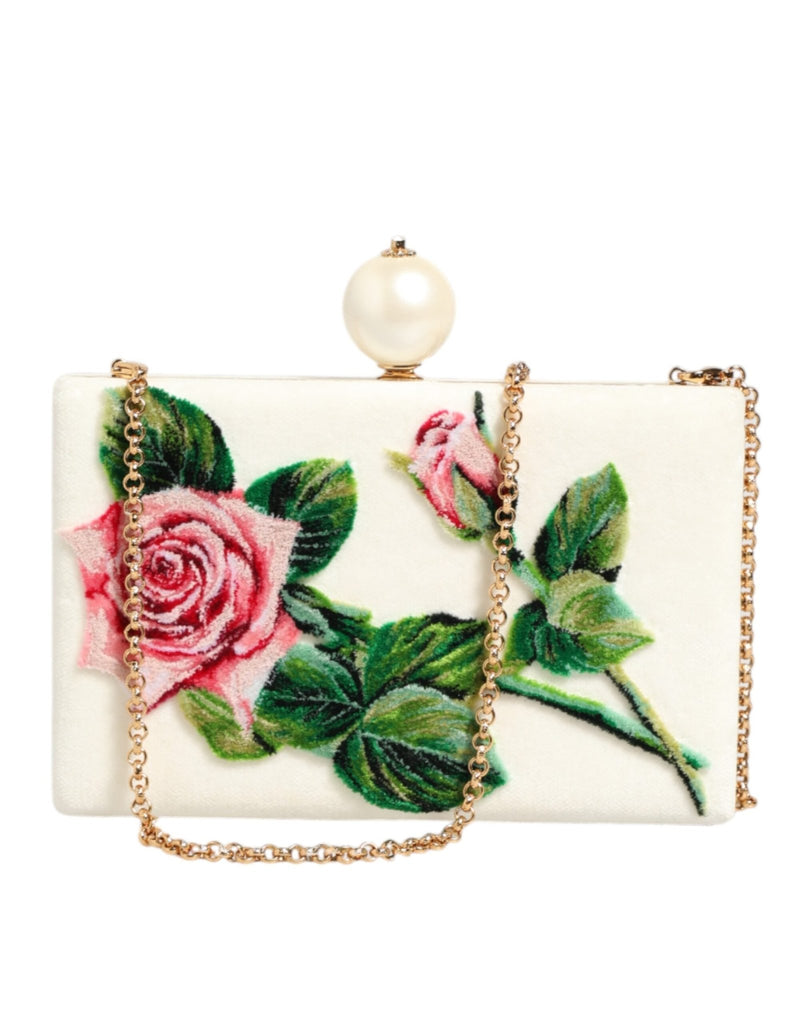 Dolce & Gabbana White Rose Embroidery Silk Gold Frame Clutch Purse Bag - Beyzy Store - Dolce & Gabbana
